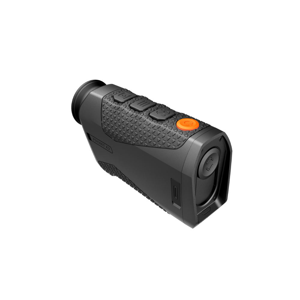 A black Rix thermal imaging scope with a textured eyepiece and control buttons, shown at an angle.