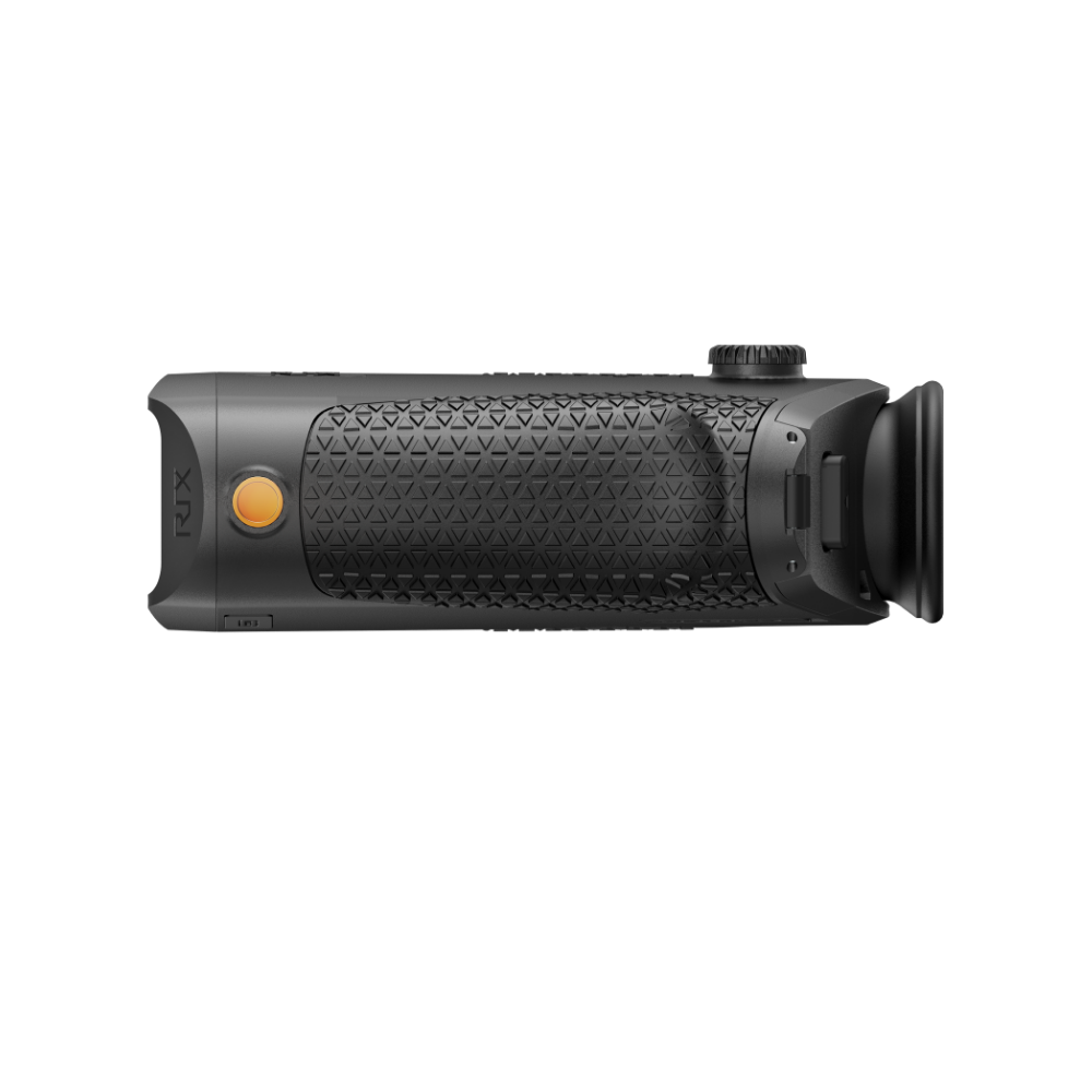 A black Rix thermal imaging scope with a textured eyepiece and control buttons, shown at an angle.