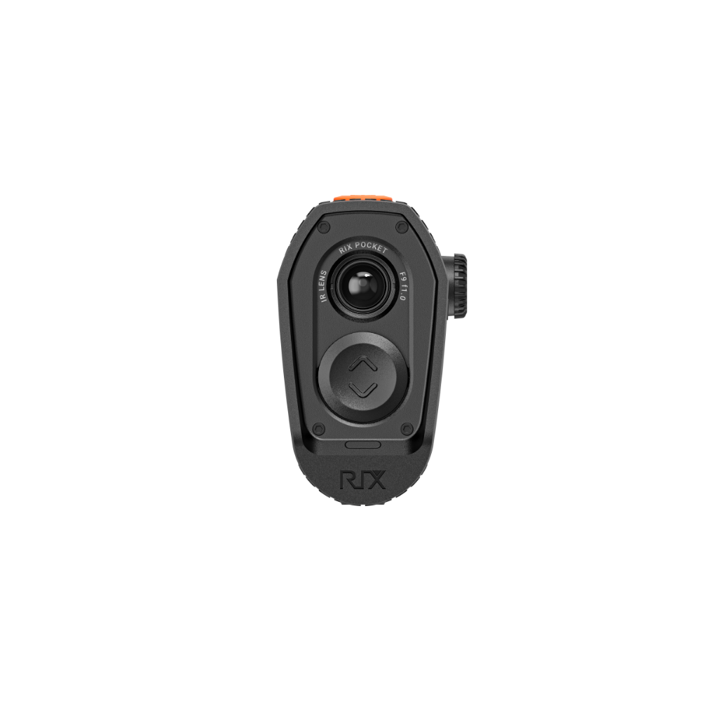 A black Rix thermal imaging scope with a textured eyepiece and control buttons, shown at an angle.
