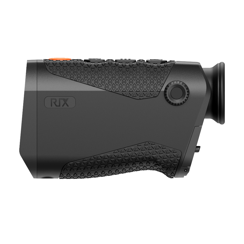 A black Rix thermal imaging scope with a textured eyepiece and control buttons, shown at an angle.
