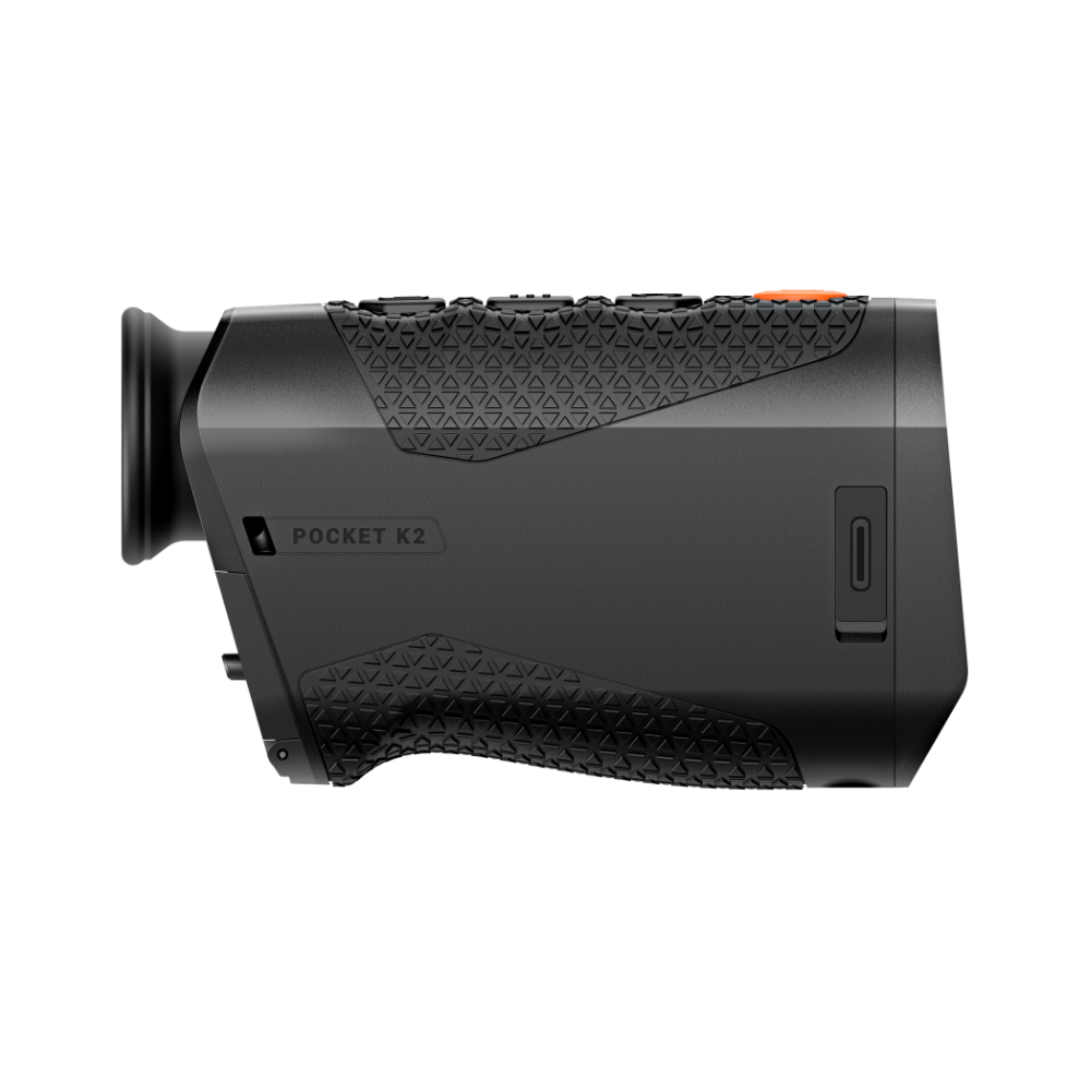 A black Rix thermal imaging scope with a textured eyepiece and control buttons, shown at an angle.