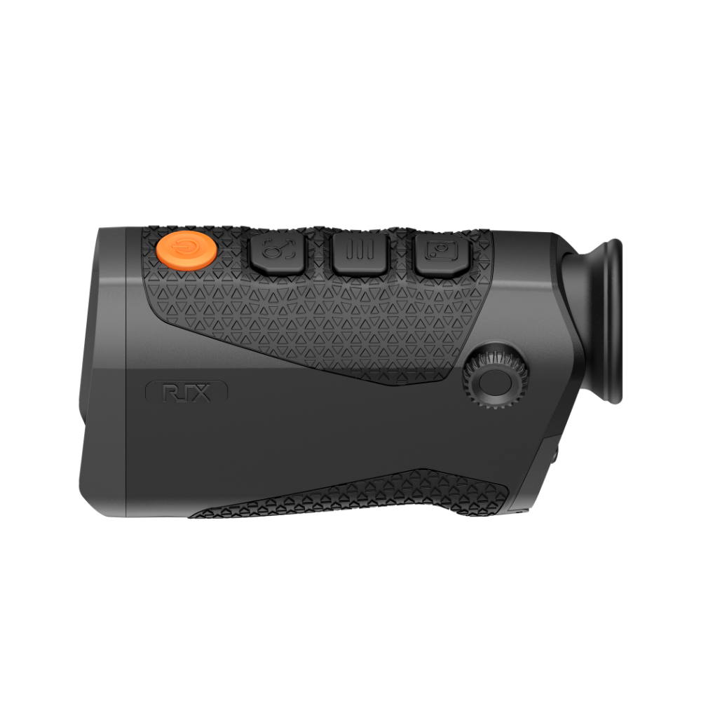 A black Rix thermal imaging scope with a textured eyepiece and control buttons, shown at an angle.