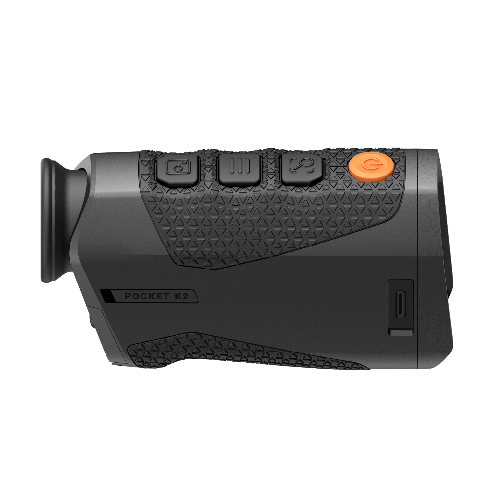A black Rix thermal imaging scope with a textured eyepiece and control buttons, shown at an angle.