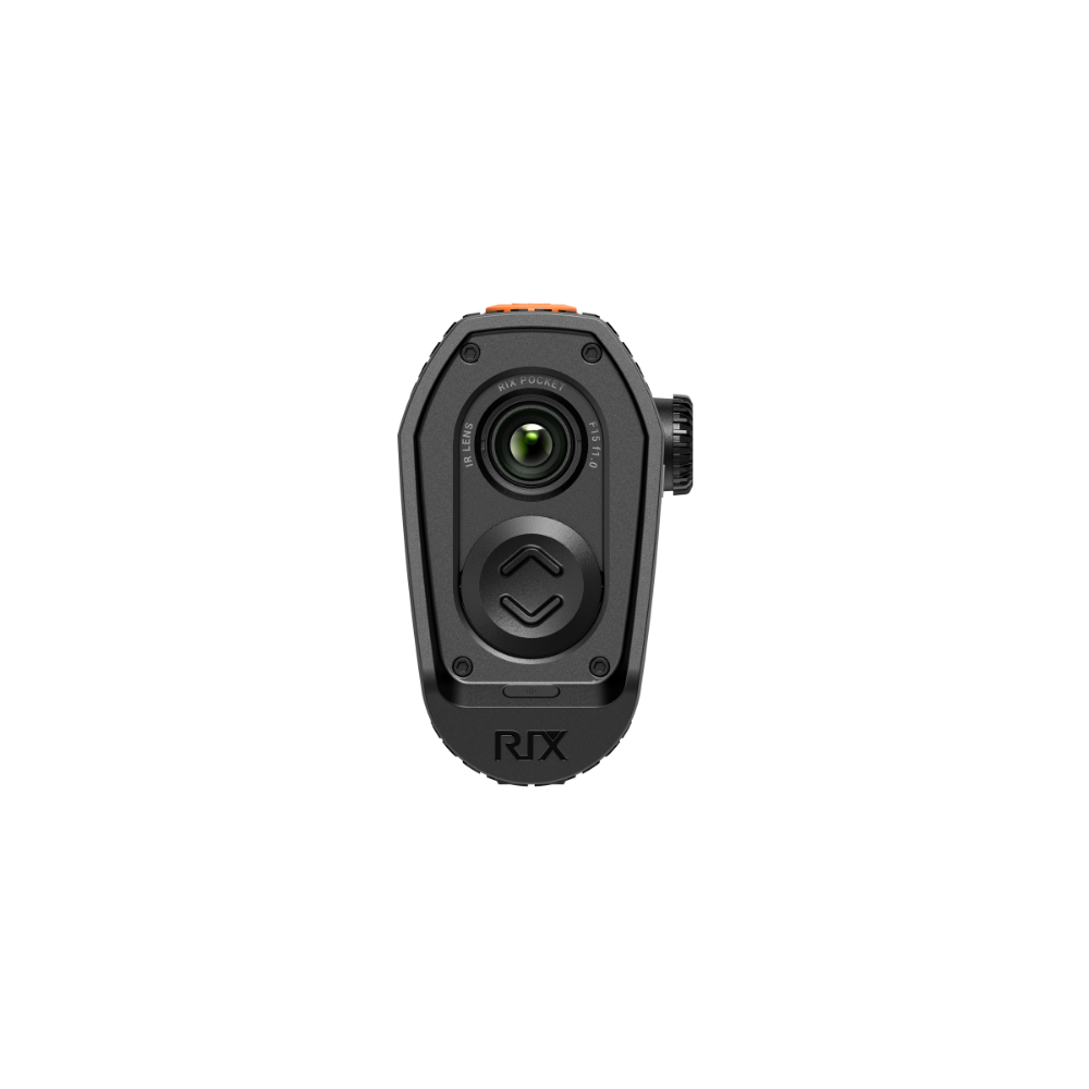 A black Rix thermal imaging scope with a textured eyepiece and control buttons, shown at an angle.
