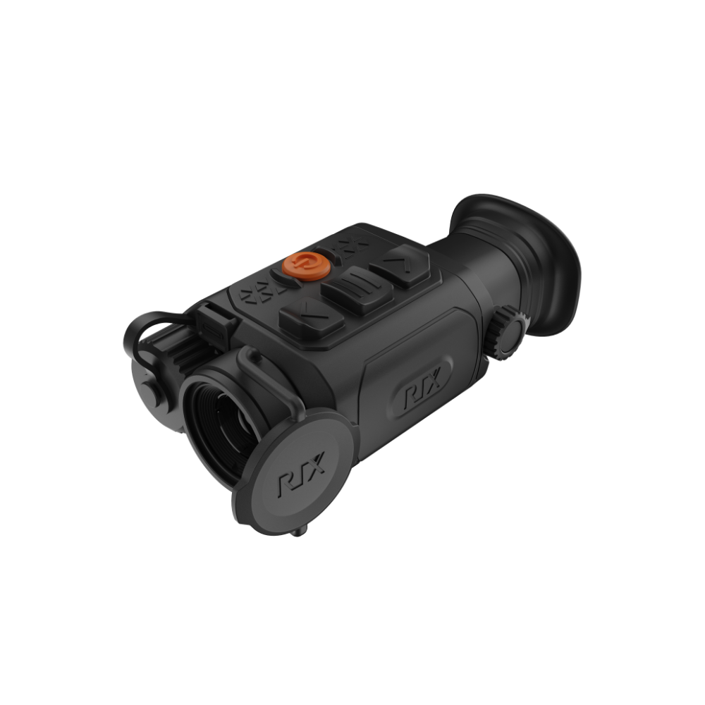 A black Rix thermal imaging scope with a textured eyepiece and control buttons, shown at an angle.
