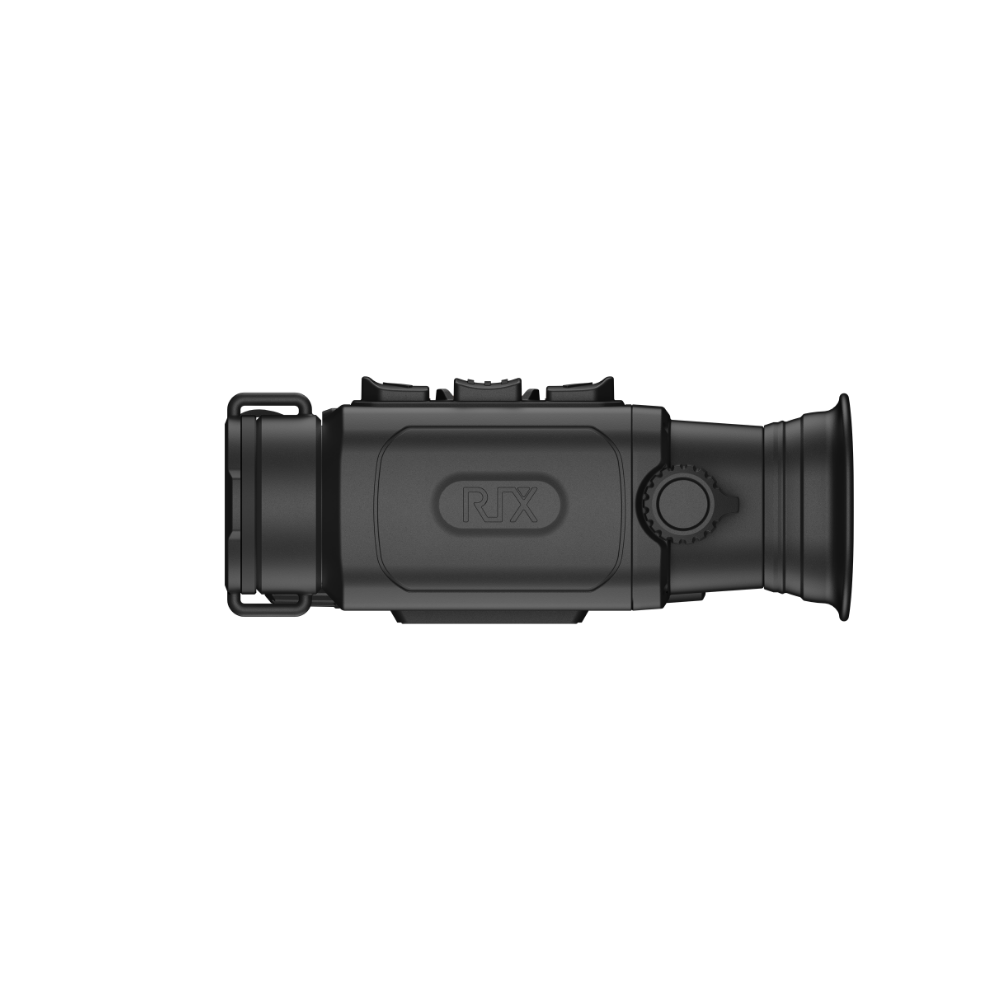 A black Rix thermal imaging scope with a textured eyepiece and control buttons, shown at an angle.