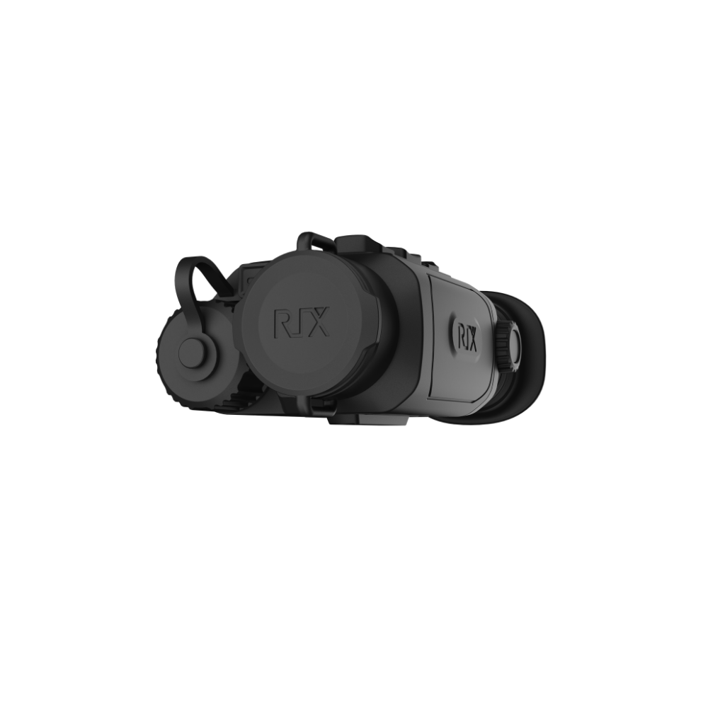 A black Rix thermal imaging scope with a textured eyepiece and control buttons, shown at an angle.