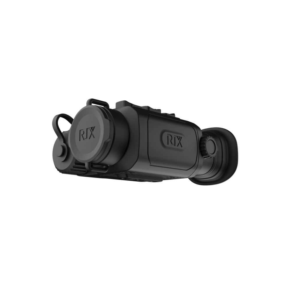 A black Rix thermal imaging scope with a textured eyepiece and control buttons, shown at an angle.