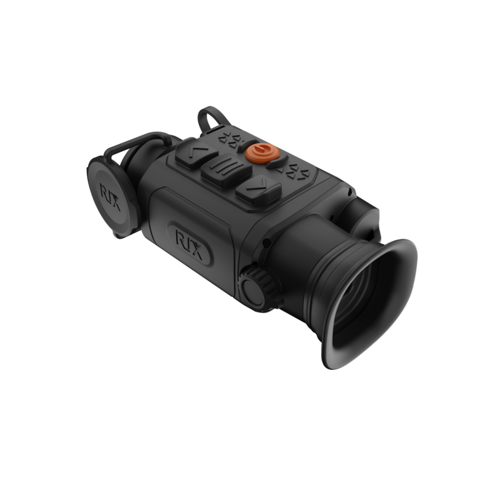 A black Rix thermal imaging scope with a textured eyepiece and control buttons, shown at an angle.