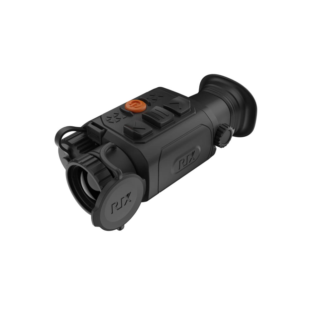 A black Rix thermal imaging scope with a textured eyepiece and control buttons, shown at an angle.