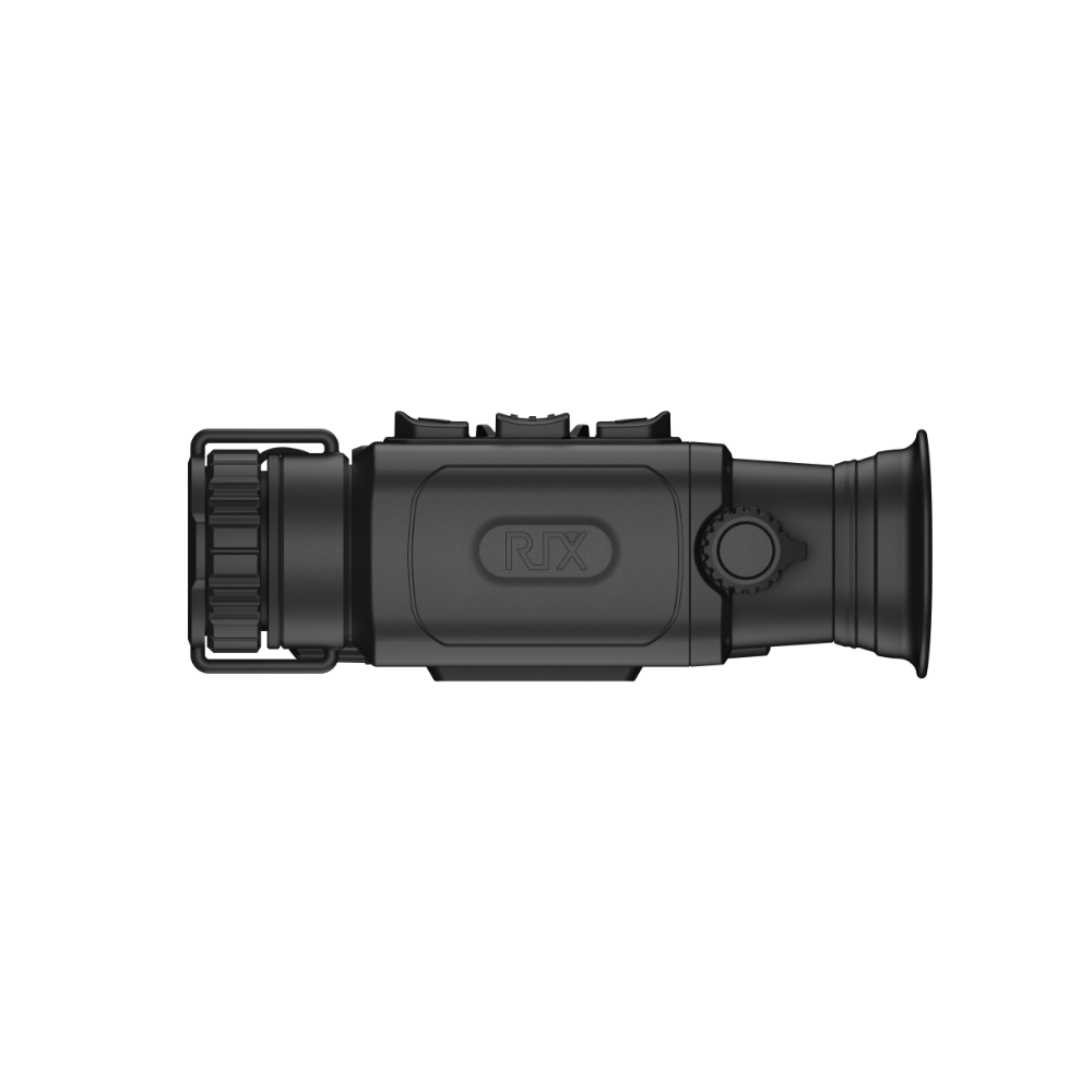 A black Rix thermal imaging scope with a textured eyepiece and control buttons, shown at an angle.