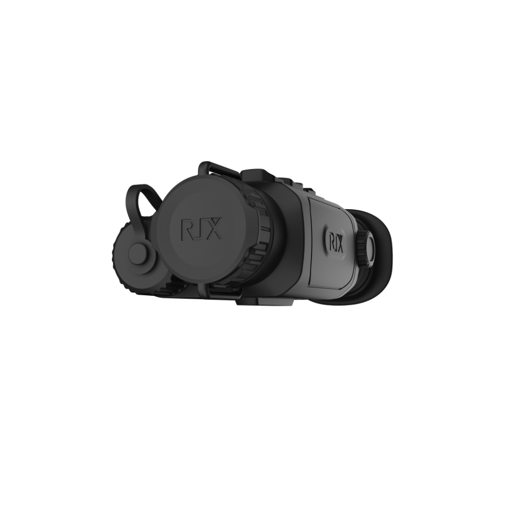 A black Rix thermal imaging scope with a textured eyepiece and control buttons, shown at an angle.