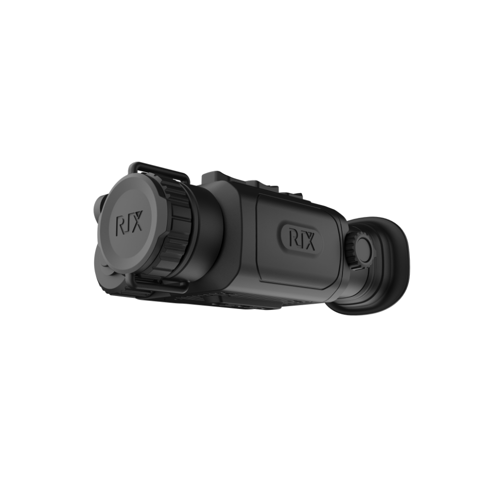 A black Rix thermal imaging scope with a textured eyepiece and control buttons, shown at an angle.