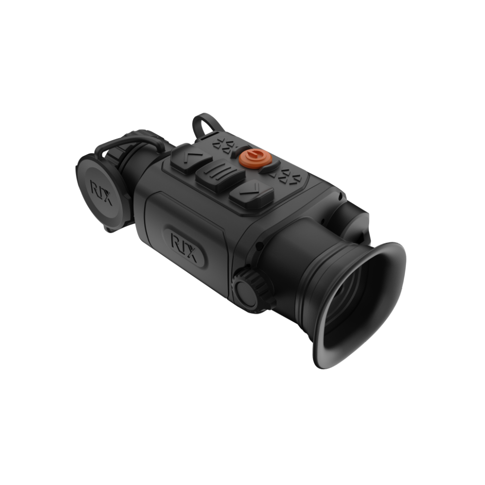 A black Rix thermal imaging scope with a textured eyepiece and control buttons, shown at an angle.