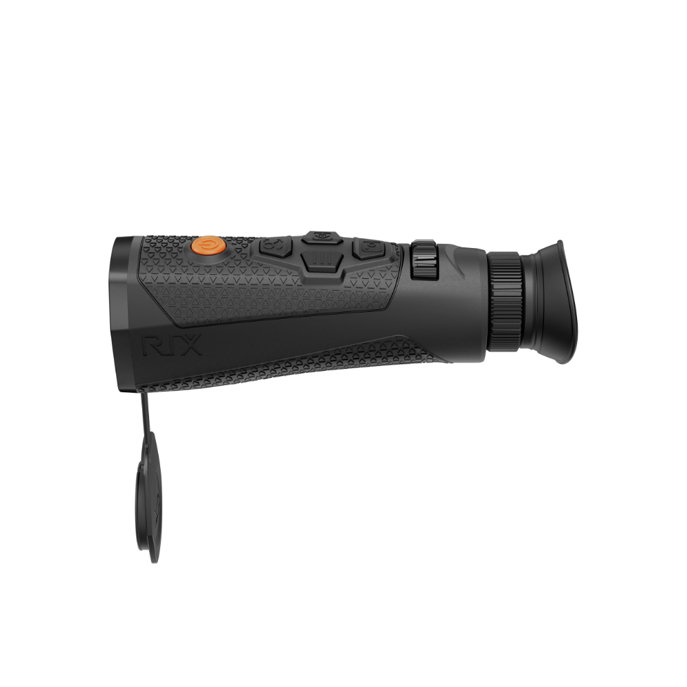 A black Rix thermal imaging scope with a textured eyepiece and control buttons, shown at an angle.