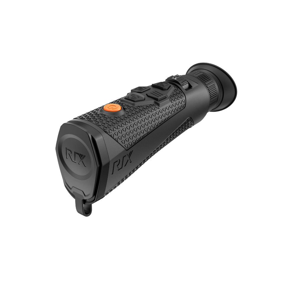 A black Rix thermal imaging scope with a textured eyepiece and control buttons, shown at an angle.