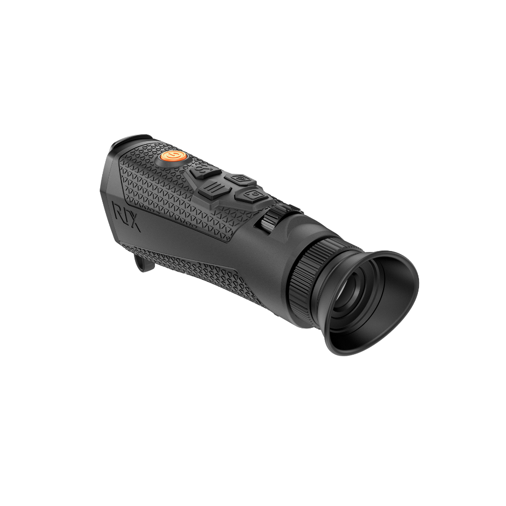 A black Rix thermal imaging scope with a textured eyepiece and control buttons, shown at an angle.