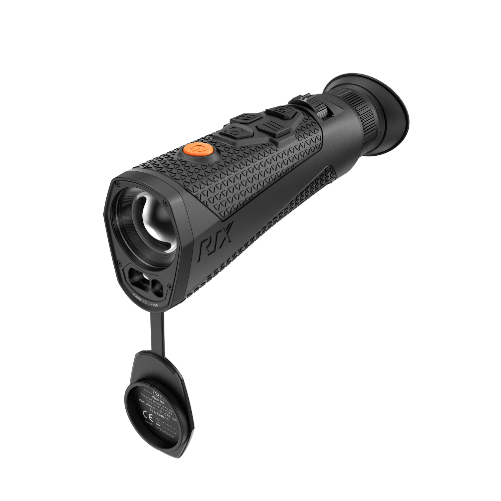 A black Rix thermal imaging scope with a textured eyepiece and control buttons, shown at an angle.