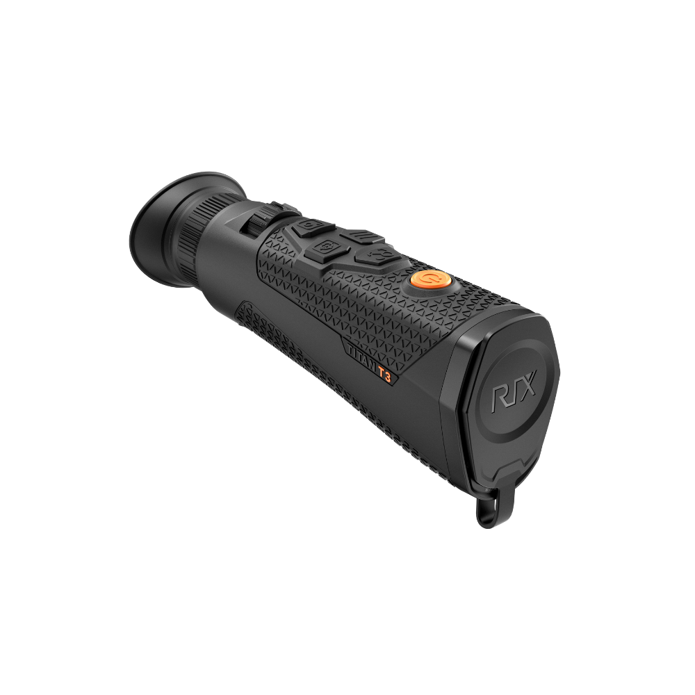 A black Rix thermal imaging scope with a textured eyepiece and control buttons, shown at an angle.