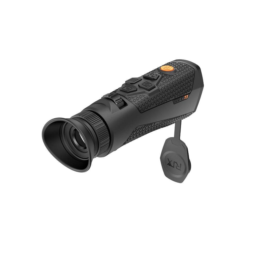 A black Rix thermal imaging scope with a textured eyepiece and control buttons, shown at an angle.
