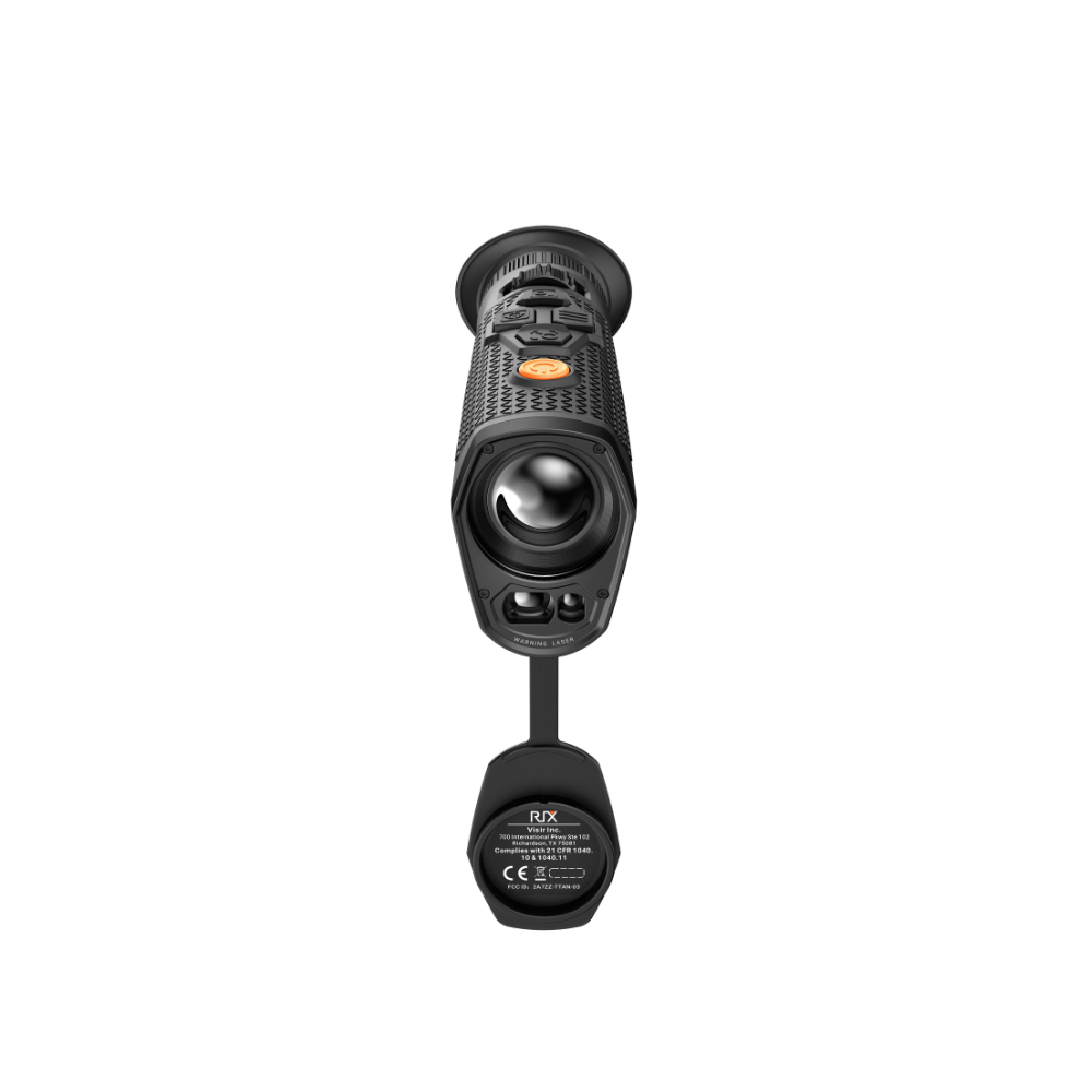 A black Rix thermal imaging scope with a textured eyepiece and control buttons, shown at an angle.