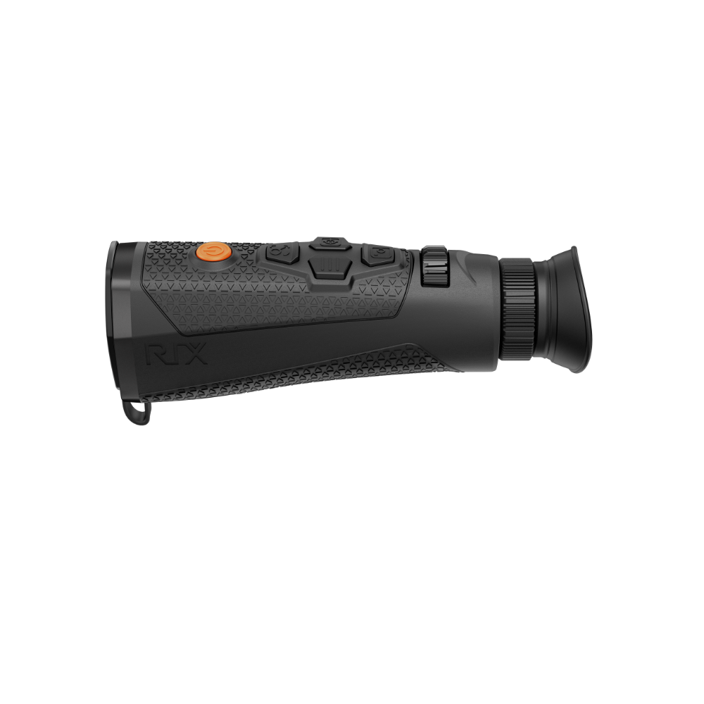 A black Rix thermal imaging scope with a textured eyepiece and control buttons, shown at an angle.