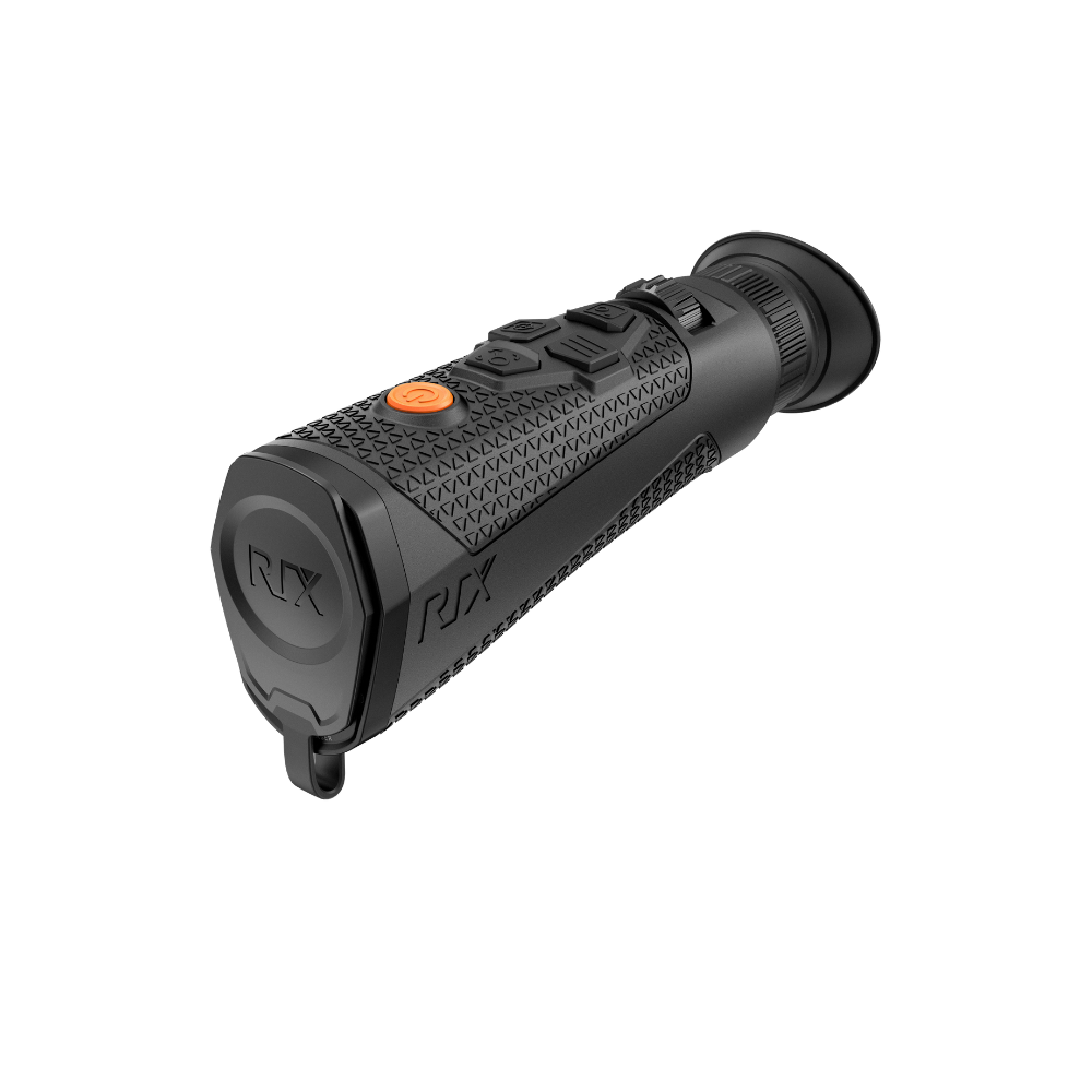 A black Rix thermal imaging scope with a textured eyepiece and control buttons, shown at an angle.