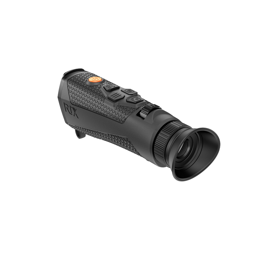 A black Rix thermal imaging scope with a textured eyepiece and control buttons, shown at an angle.