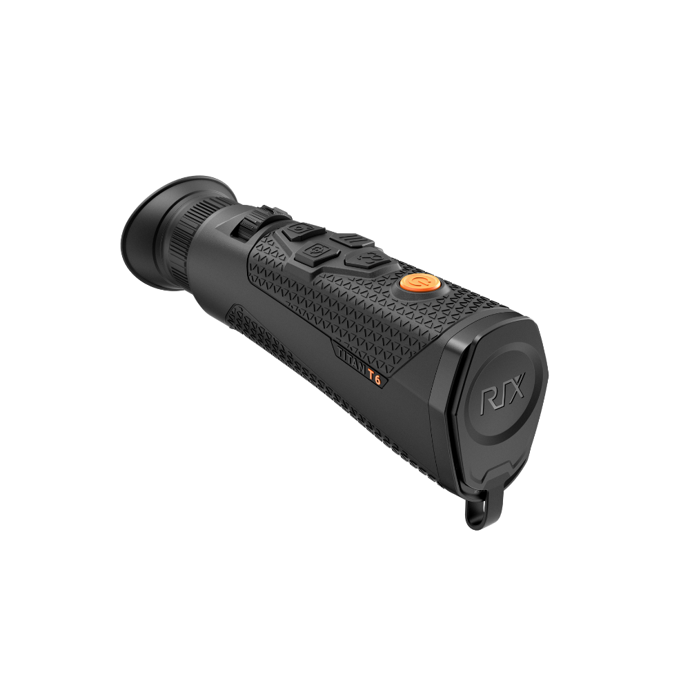 A black Rix thermal imaging scope with a textured eyepiece and control buttons, shown at an angle.