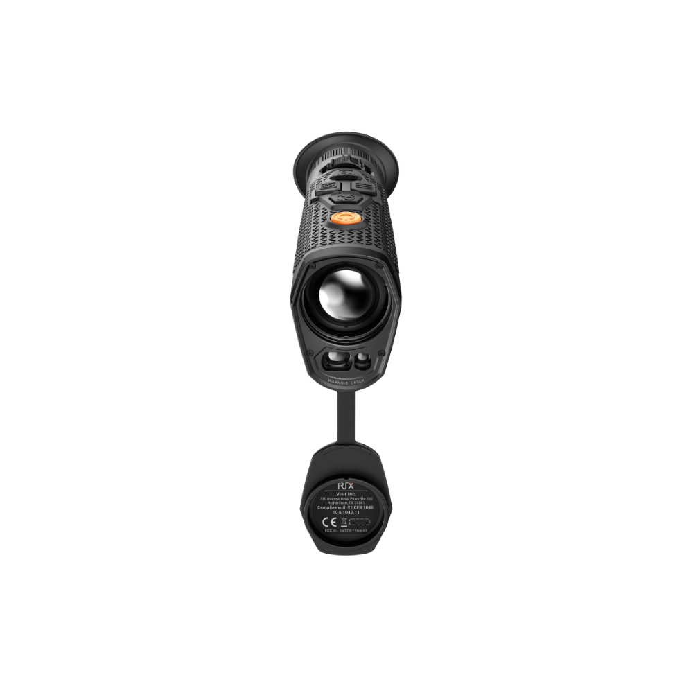 A black Rix thermal imaging scope with a textured eyepiece and control buttons, shown at an angle.