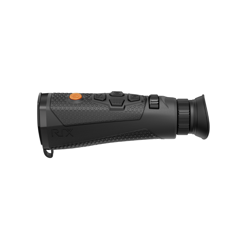 A black Rix thermal imaging scope with a textured eyepiece and control buttons, shown at an angle.