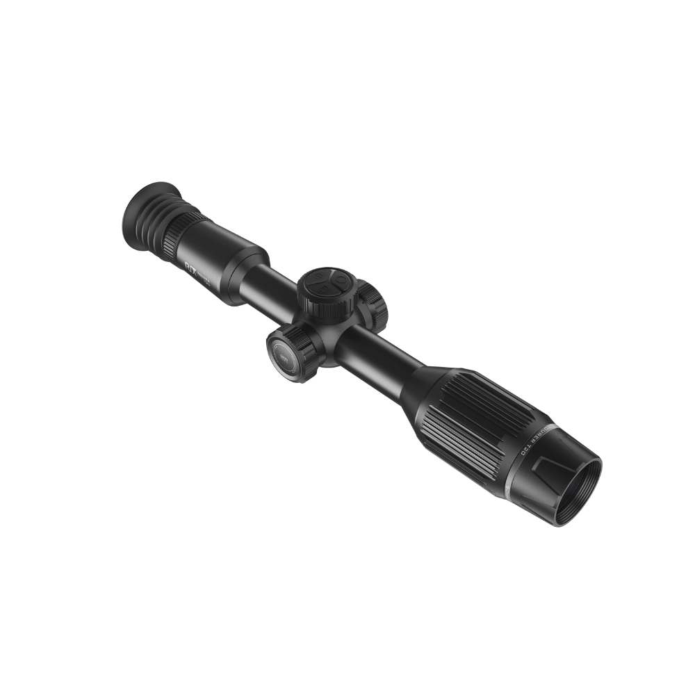 A black thermal scope with adjustment knobs, shown at an angle.