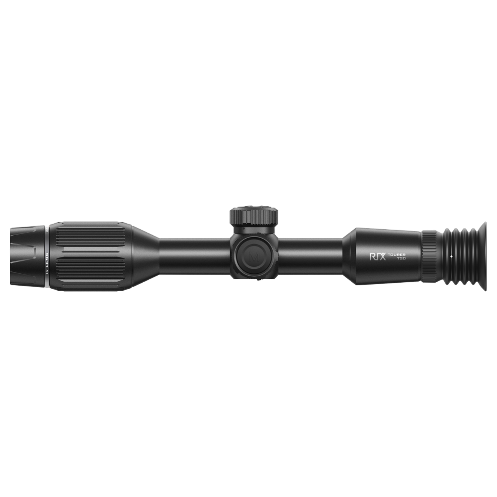 A black thermal scope with adjustment knobs, shown at an angle.