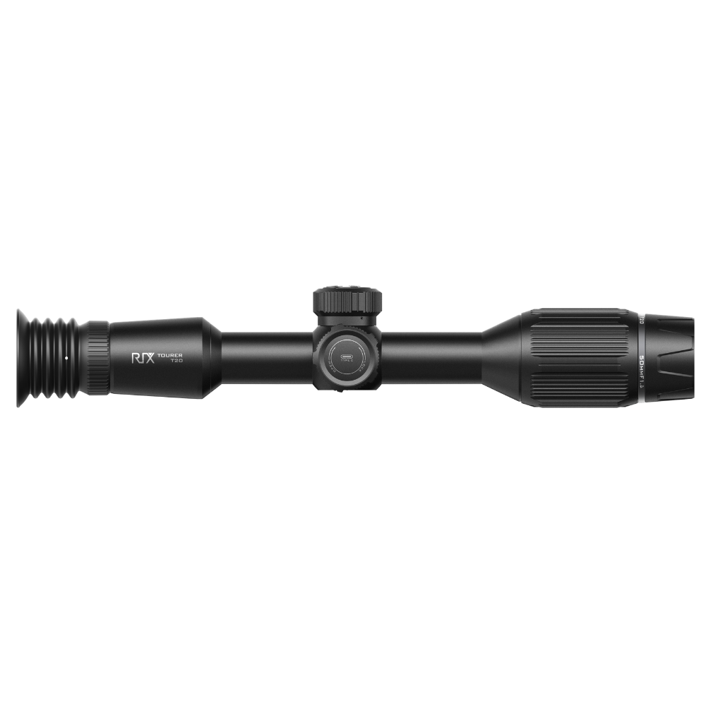 A black thermal scope with adjustment knobs, shown at an angle.
