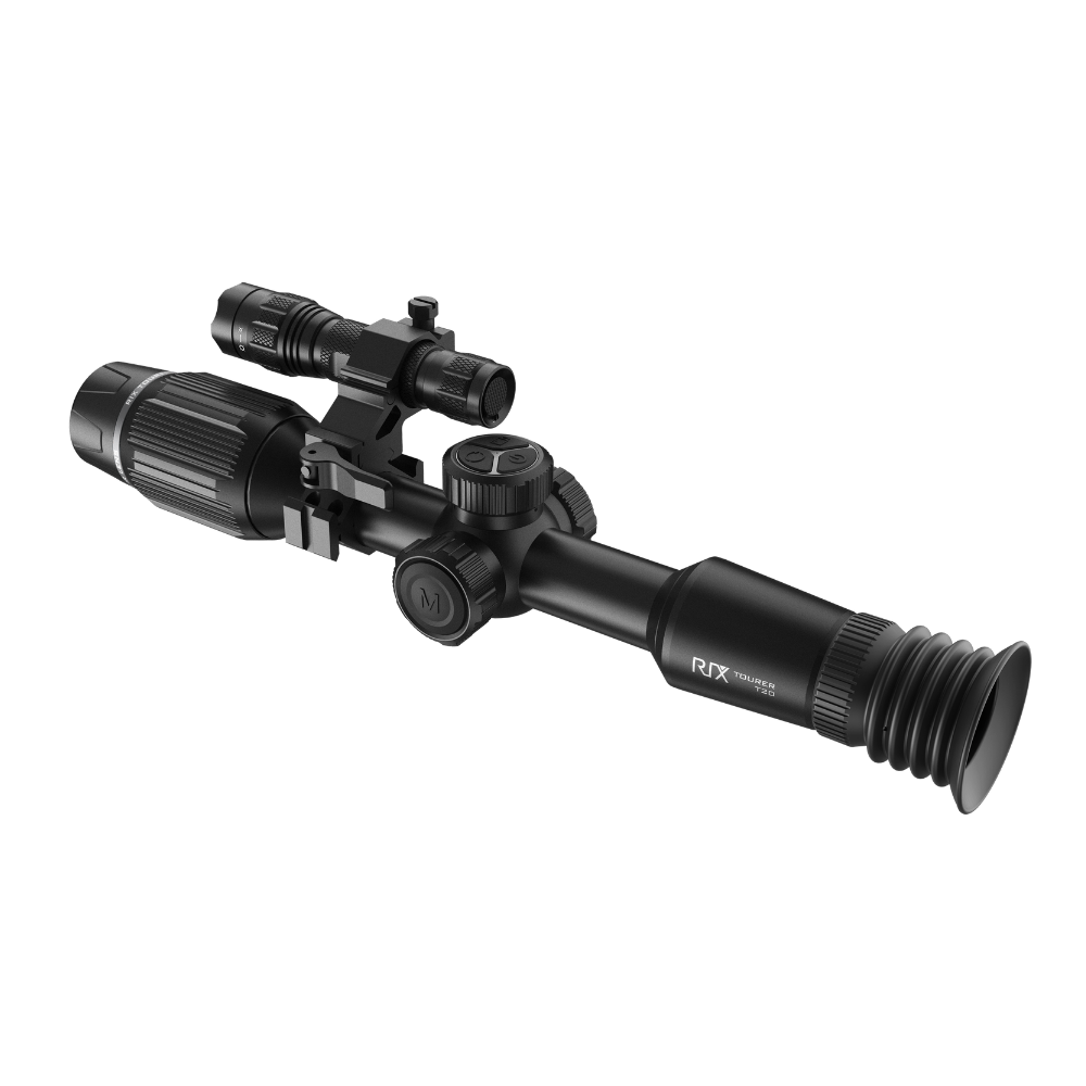 A black thermal scope with adjustment knobs, shown at an angle.