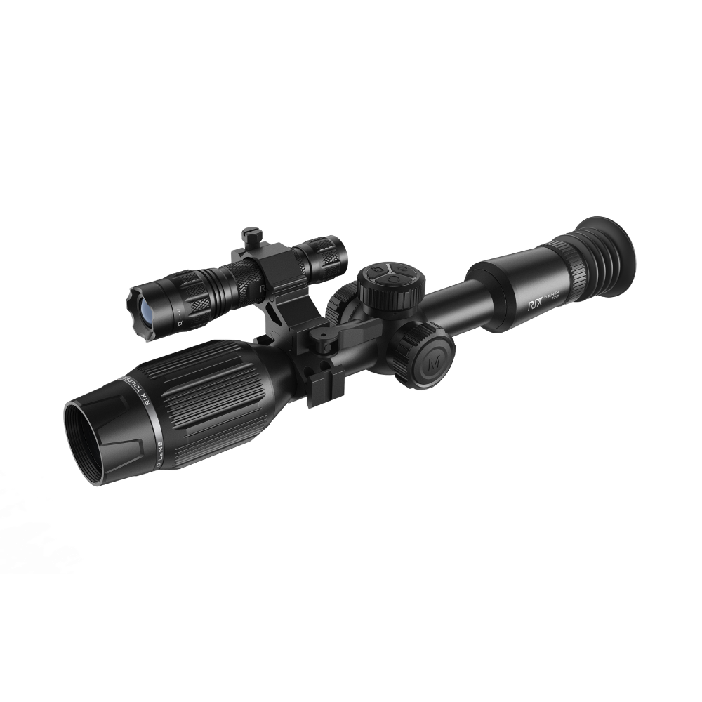 A black thermal scope with adjustment knobs, shown at an angle.