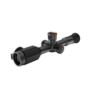 A black thermal scope with adjustment knobs, shown at an angle.