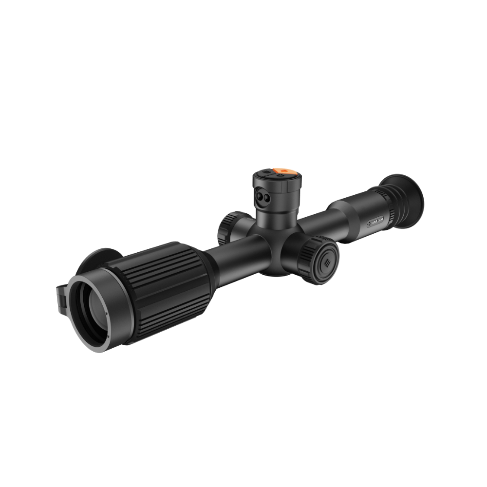 A black thermal scope with adjustment knobs, shown at an angle.