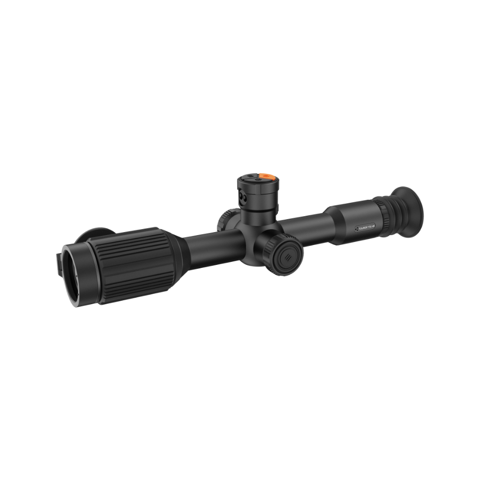 A black thermal scope with adjustment knobs, shown at an angle.