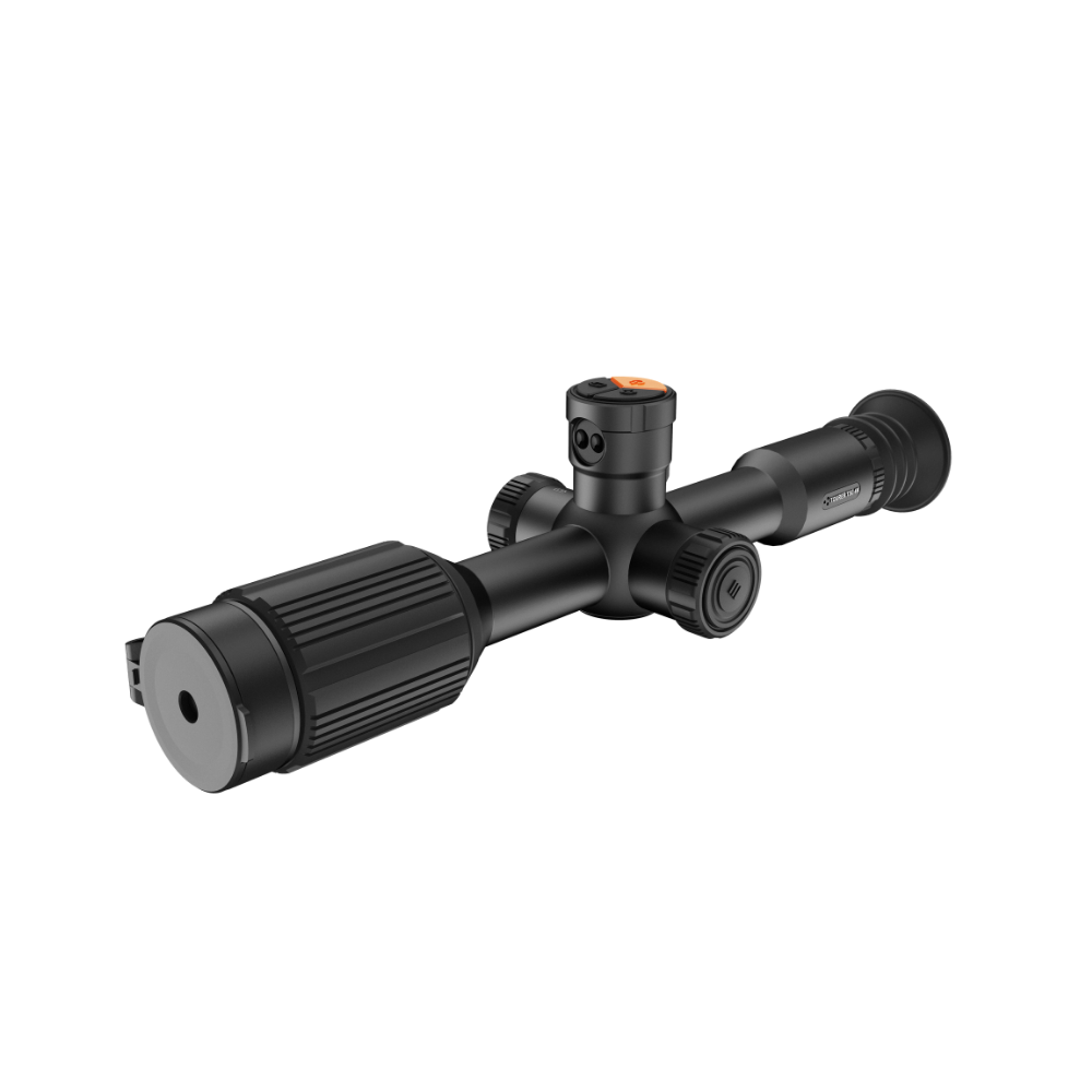 A black thermal scope with adjustment knobs, shown at an angle.