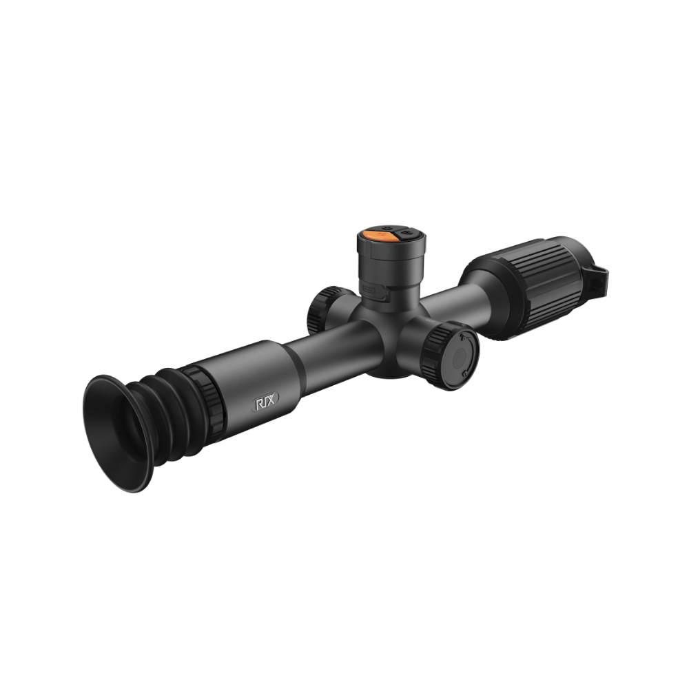 A black thermal scope with adjustment knobs, shown at an angle.