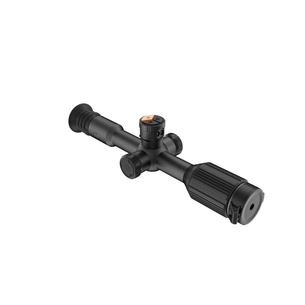 A black thermal scope with adjustment knobs, shown at an angle.