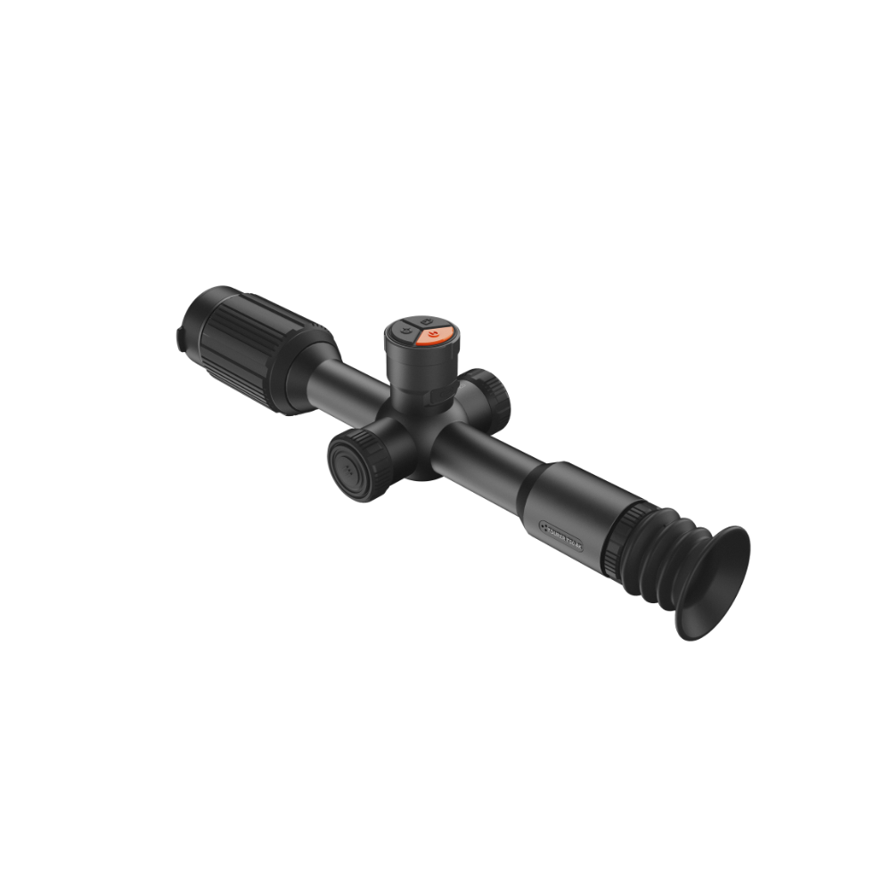 A black thermal scope with adjustment knobs, shown at an angle.
