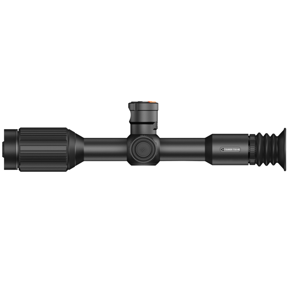 A black thermal scope with adjustment knobs, shown at an angle.