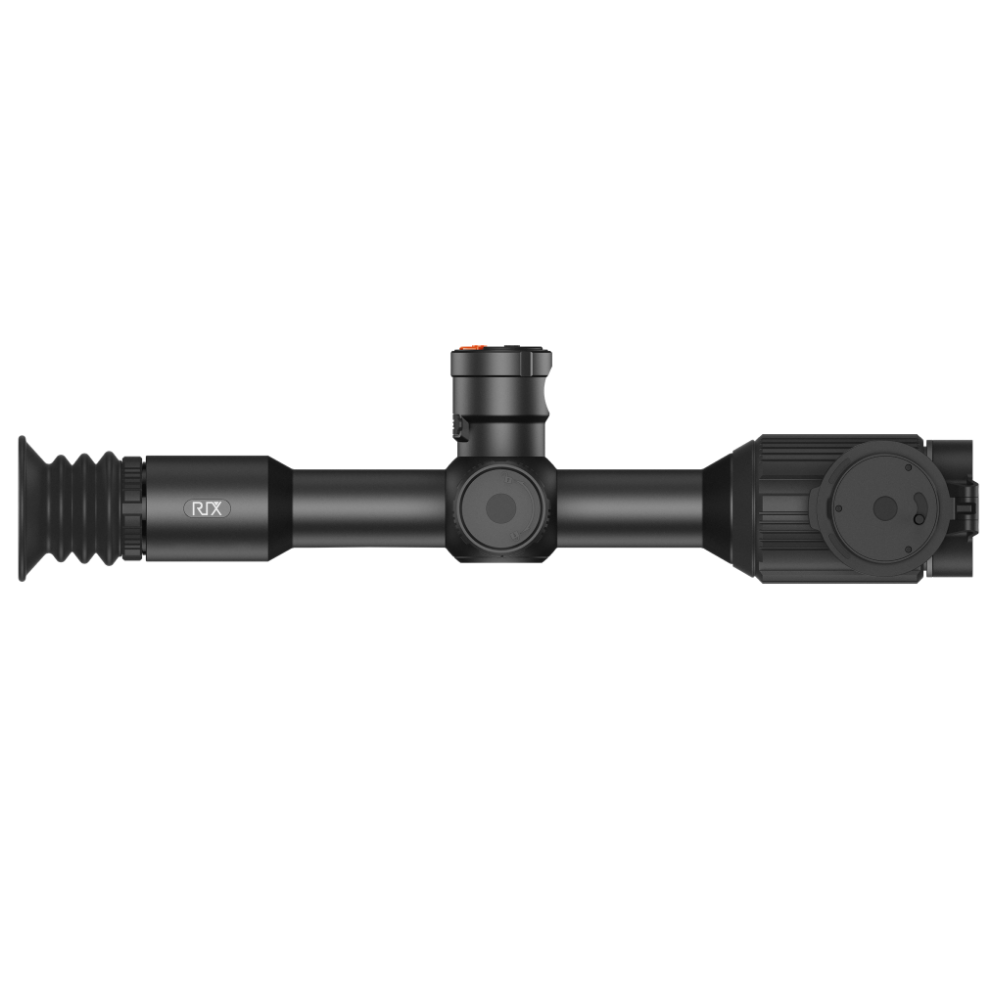 A black thermal scope with adjustment knobs, shown at an angle.