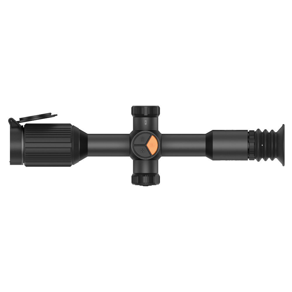 A black thermal scope with adjustment knobs, shown at an angle.