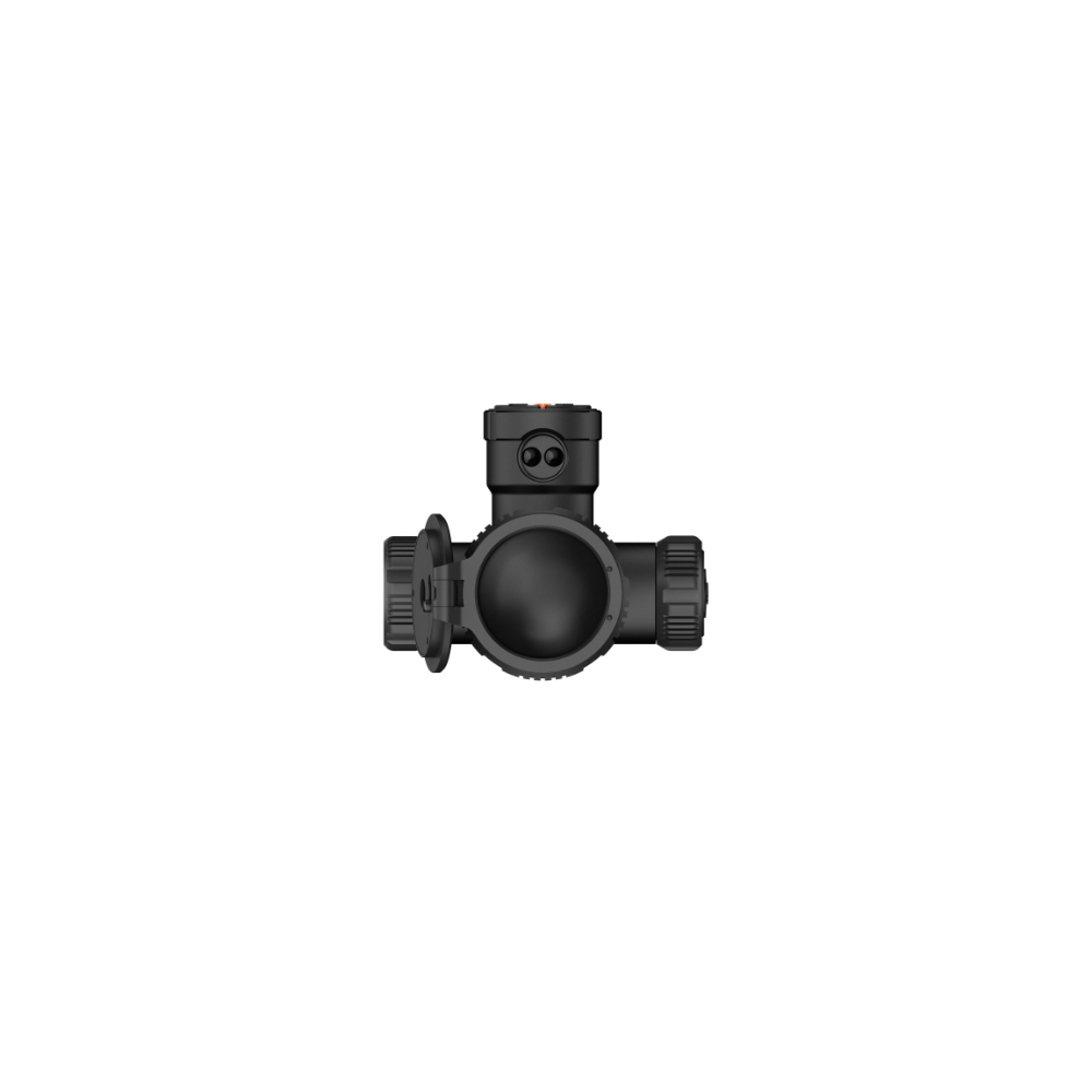 A black thermal scope with adjustment knobs, shown at an angle.