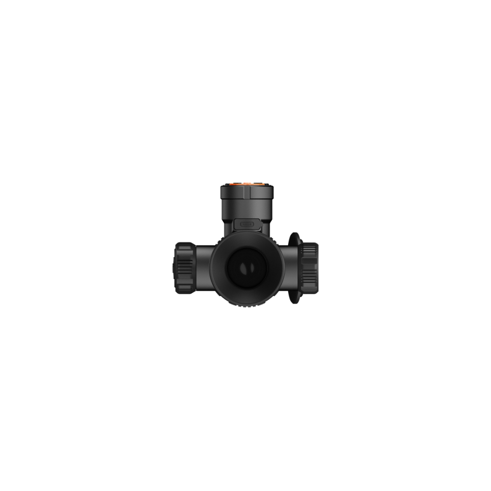 A black thermal scope with adjustment knobs, shown at an angle.