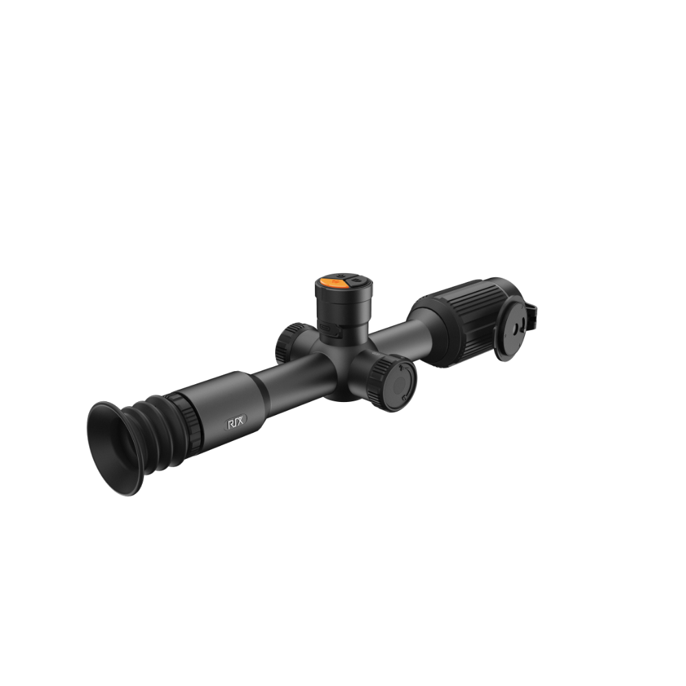 A black thermal scope with adjustment knobs, shown at an angle.