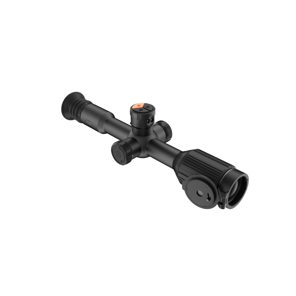 A black thermal scope with adjustment knobs, shown at an angle.